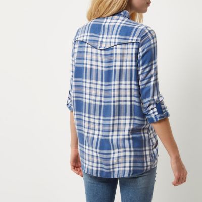 Blue check western embroidered shirt